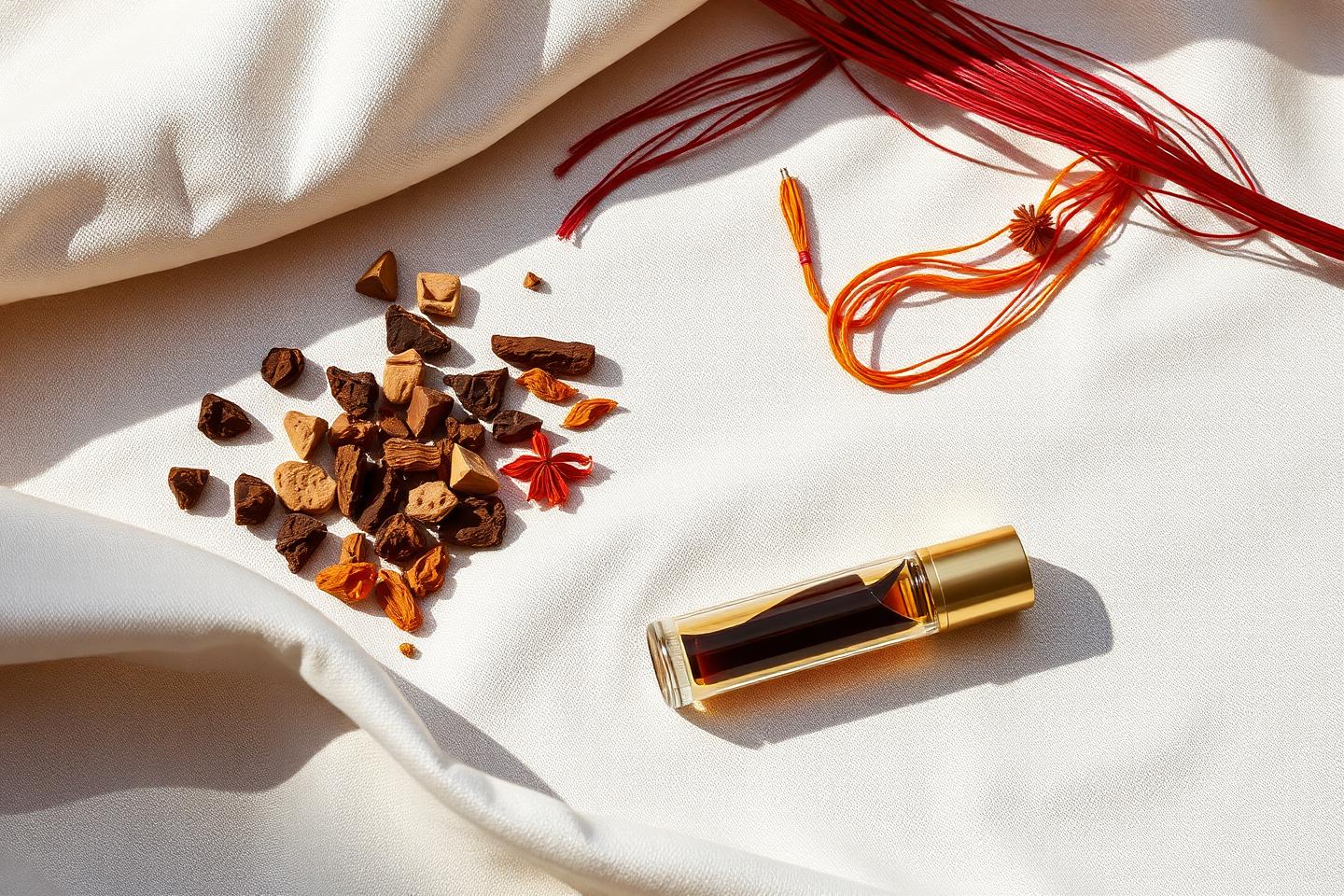 Oud wood, saffron and amber beside an Alif attar vial